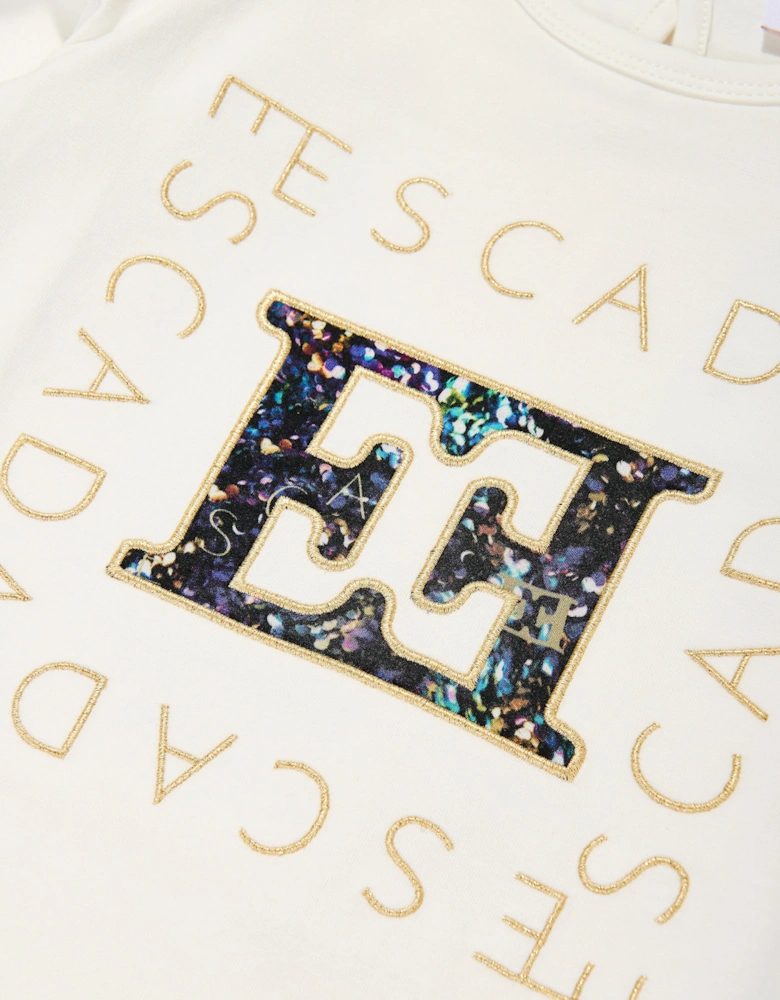 Girls Embroidered Logo Long Sleeve T-Shirt in Ivory