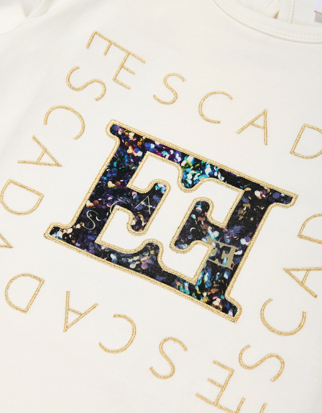 Girls Embroidered Logo Long Sleeve T-Shirt in Ivory