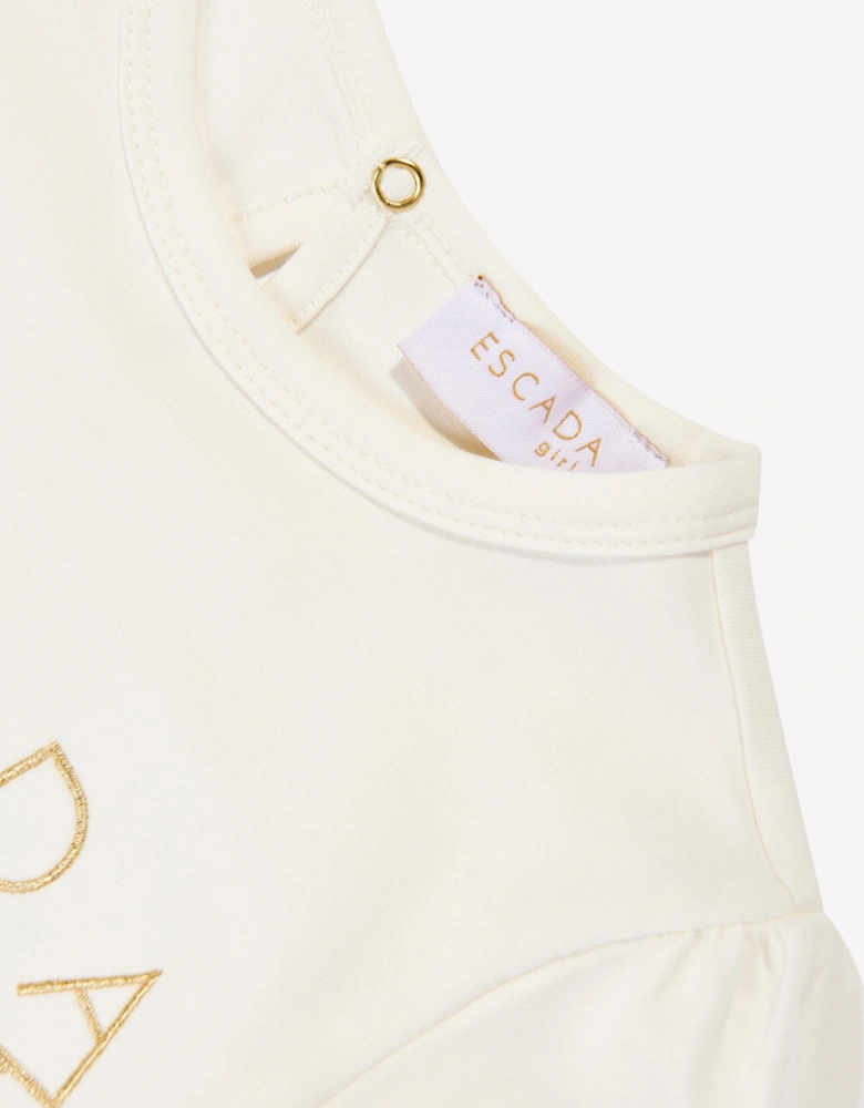 Girls Embroidered Logo Long Sleeve T-Shirt in Ivory