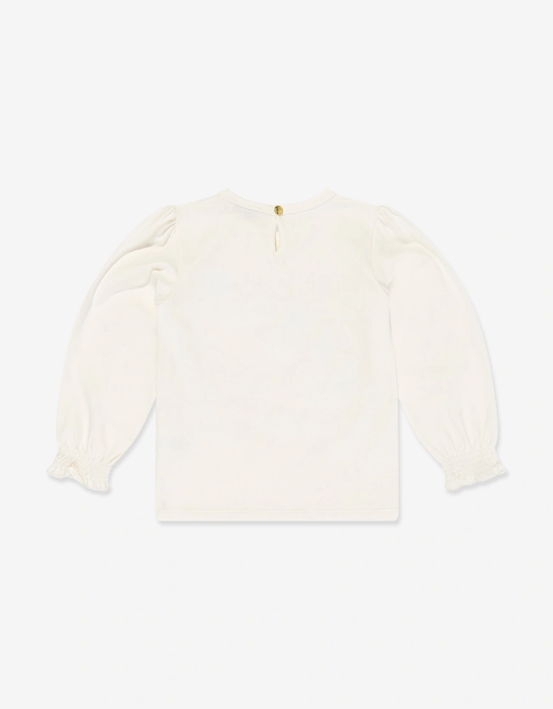 Girls Embroidered Logo Long Sleeve T-Shirt in Ivory