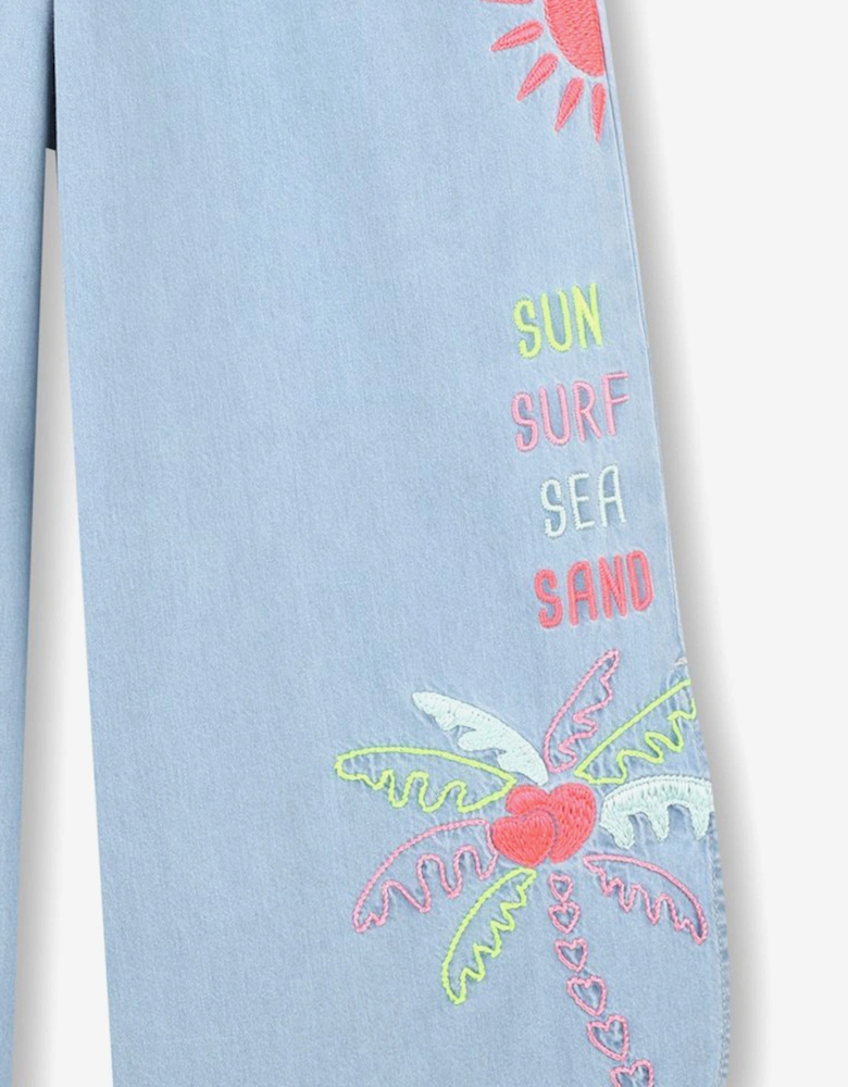 Billieblush Girls Embroidered Denim Trousers in Blue