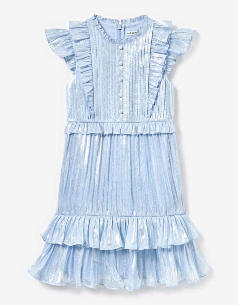 Girls Silk Metallic Ruffle Dress in Blue