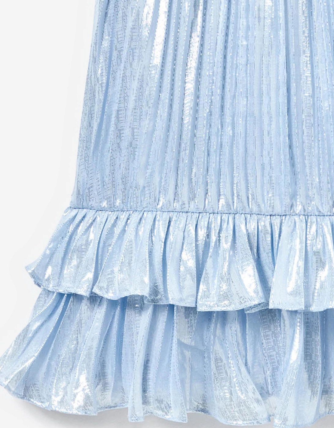 Girls Silk Metallic Ruffle Dress in Blue
