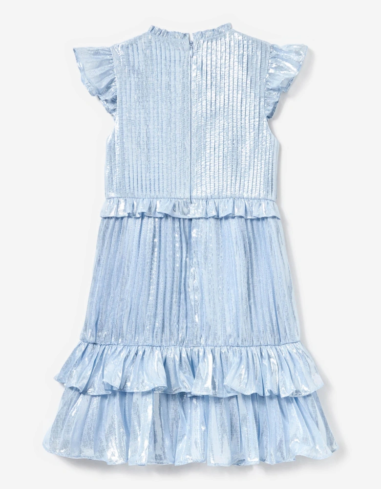 Girls Silk Metallic Ruffle Dress in Blue