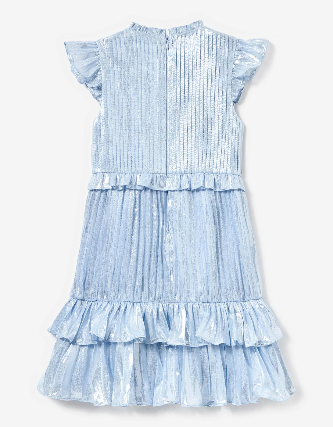 Girls Silk Metallic Ruffle Dress in Blue