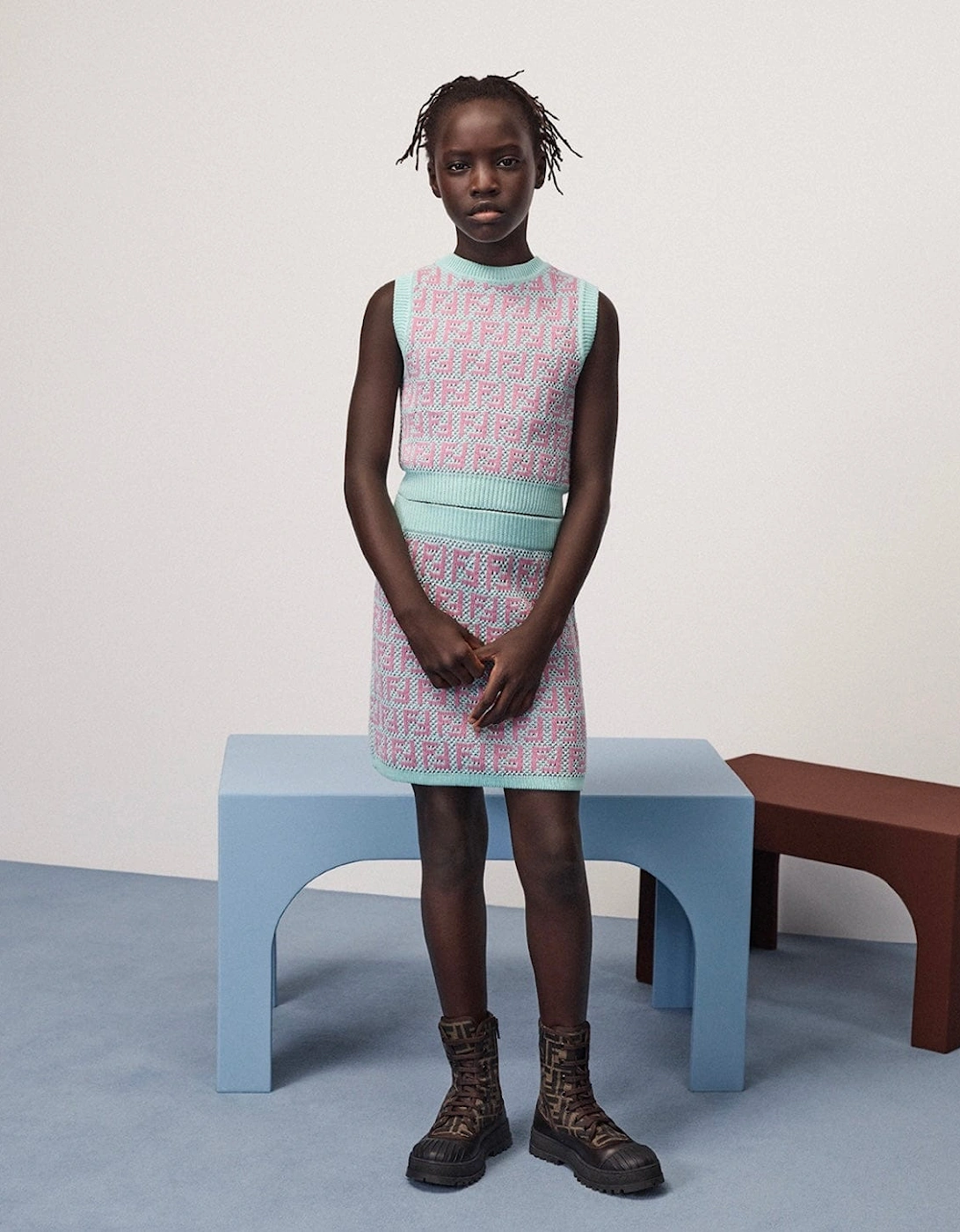 Girls FF Crochet Knit Skirt in Multicolour