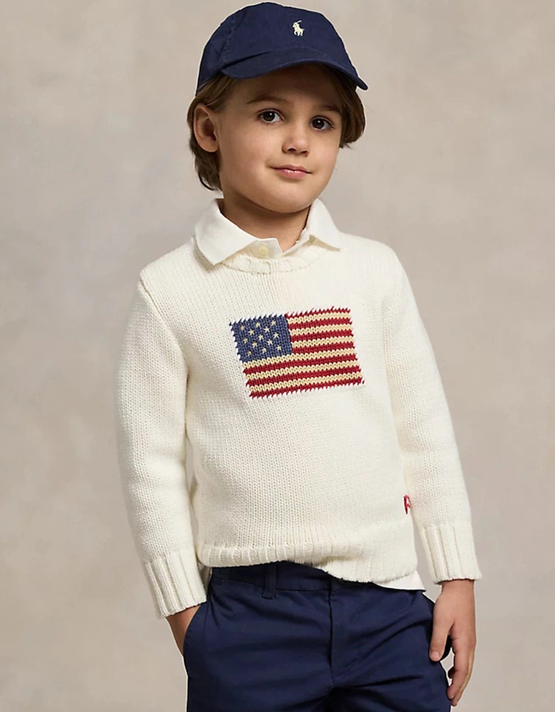 Boys Cotton Knit Flag Jumper in Ivory