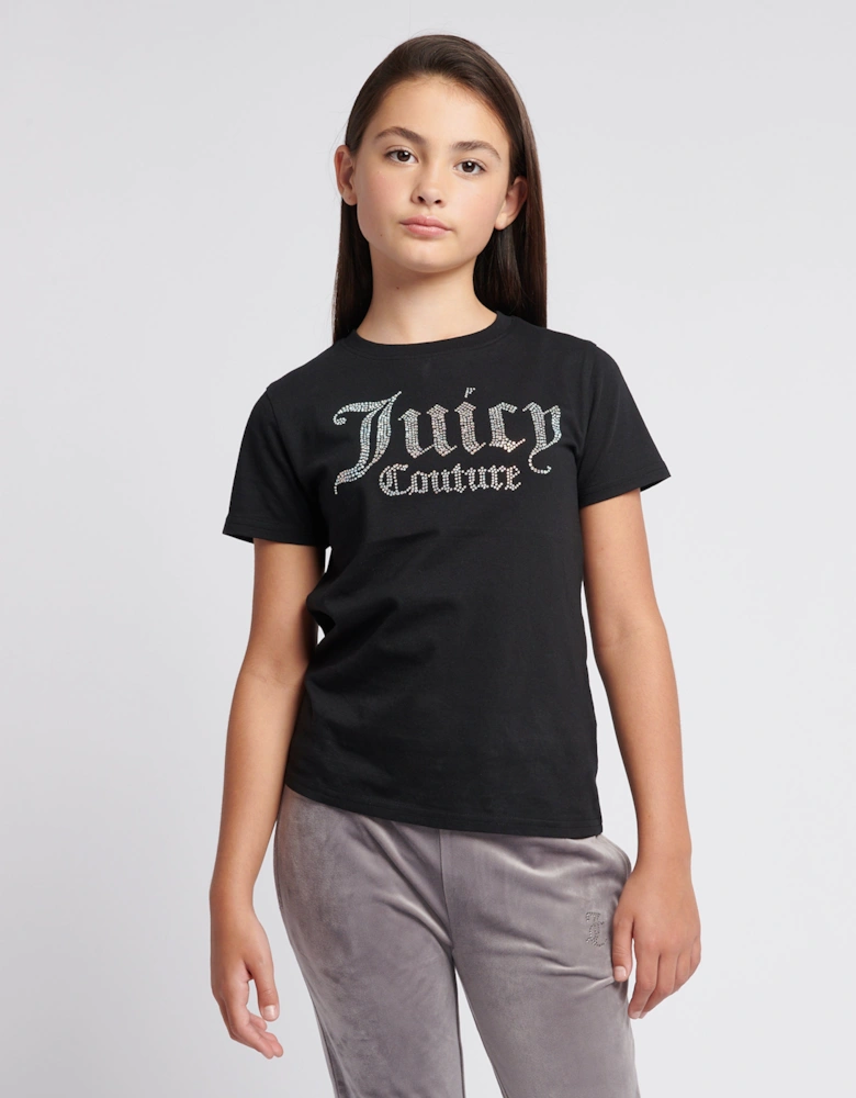 Girls Diamante Logo Fitted T-Shirt in Black