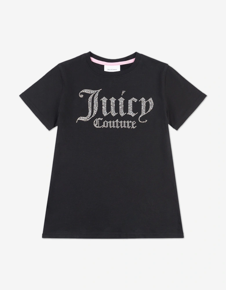 Girls Diamante Logo Fitted T-Shirt in Black
