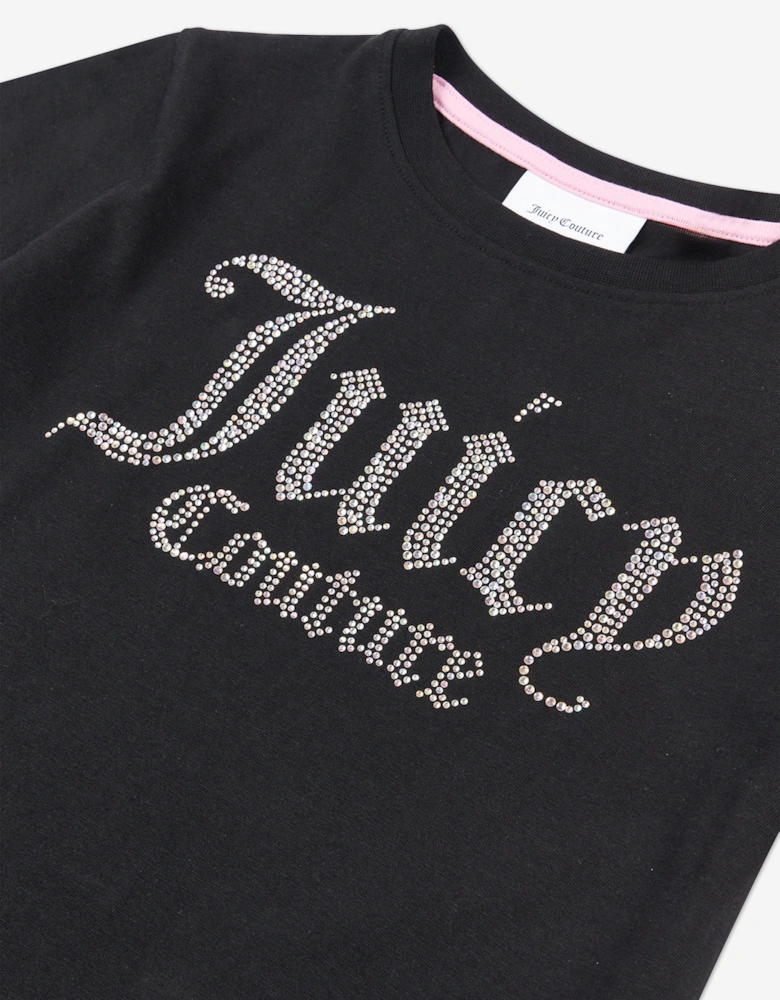 Girls Diamante Logo Fitted T-Shirt in Black