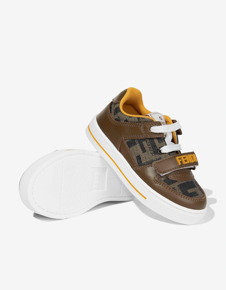 Kids Leather Jacquard Logo Trainers in Brown