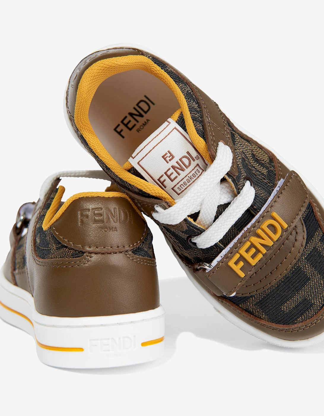 Kids Leather Jacquard Logo Trainers in Brown