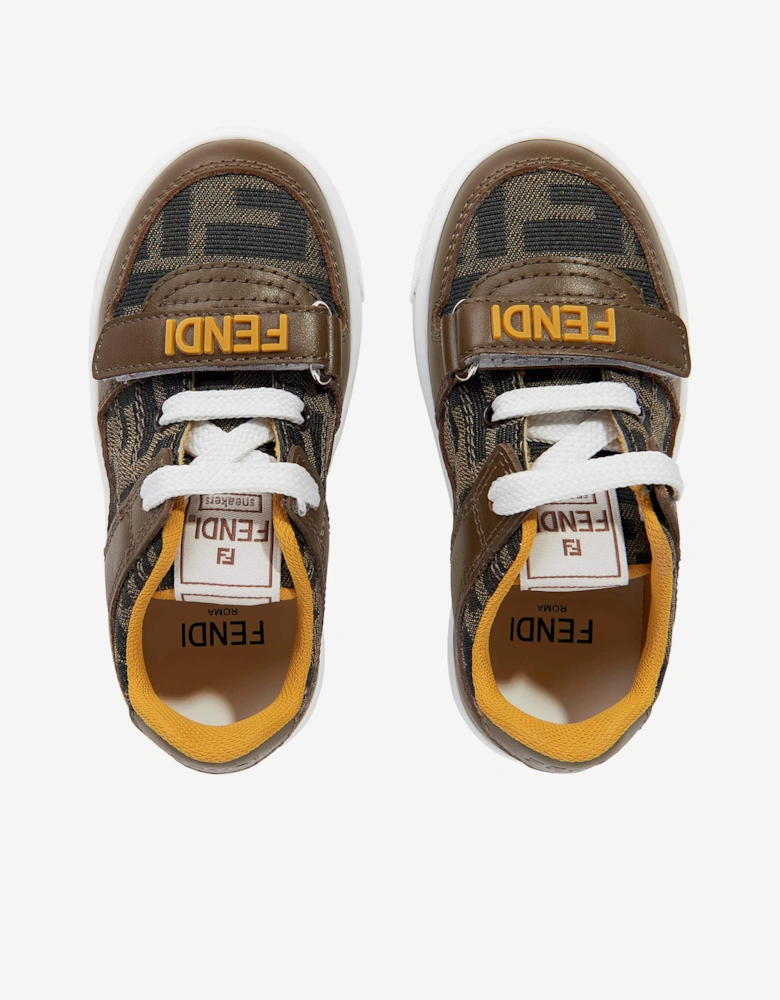 Kids Leather Jacquard Logo Trainers in Brown