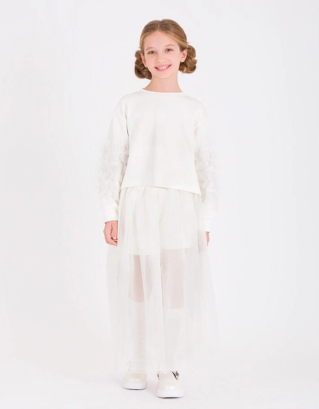 Girls Long Tulle Skirt in White