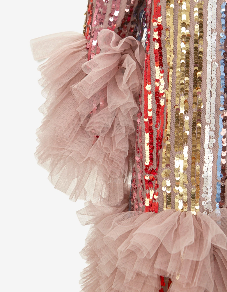 Girls Rainbow Glitter Ruffle Dress in Multicolour