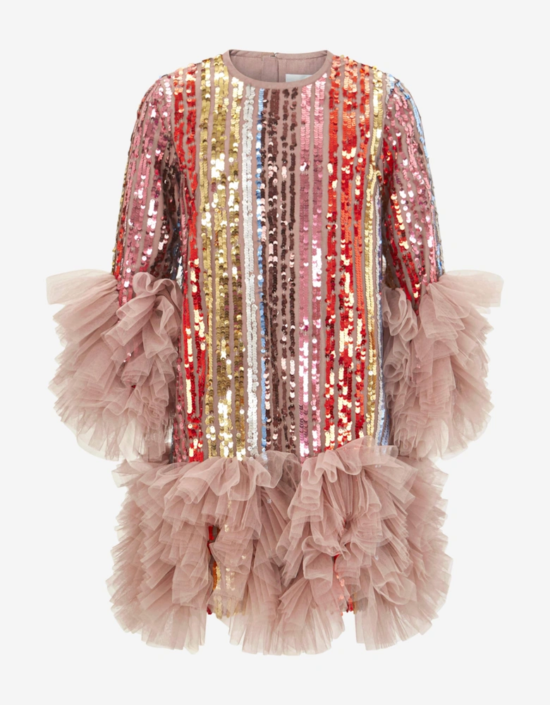 Girls Rainbow Glitter Ruffle Dress in Multicolour