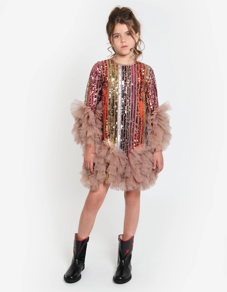 Girls Rainbow Glitter Ruffle Dress in Multicolour