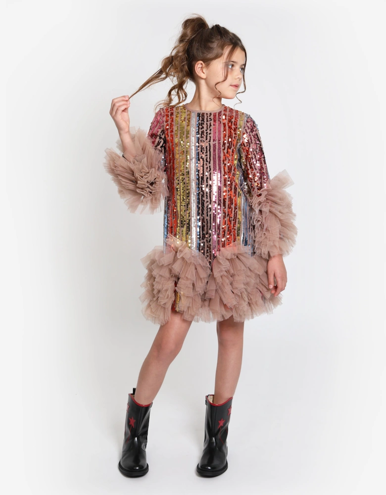 Girls Rainbow Glitter Ruffle Dress in Multicolour