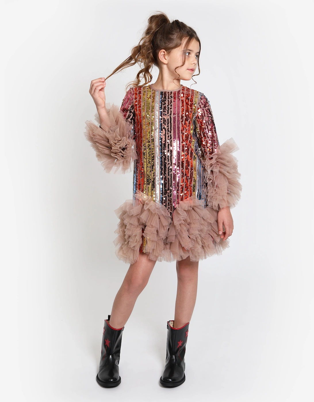 Girls Rainbow Glitter Ruffle Dress in Multicolour
