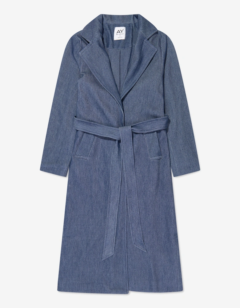 Girls Denim Look Belted Trench Coat in Blue
