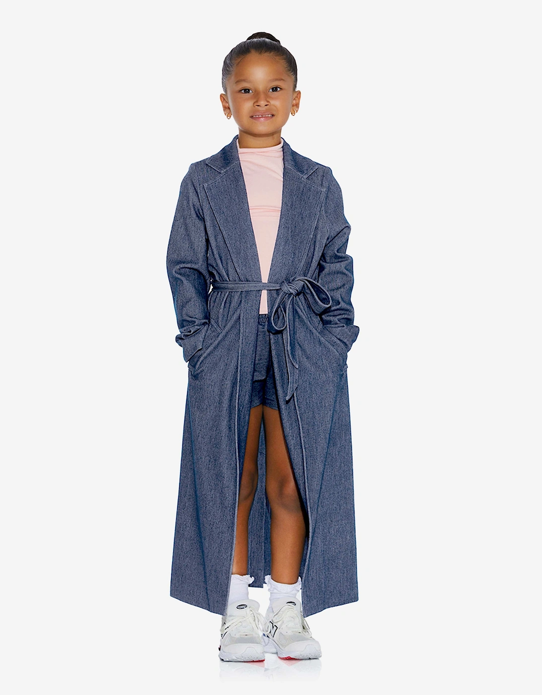 Girls Denim Look Belted Trench Coat in Blue, 6 of 5