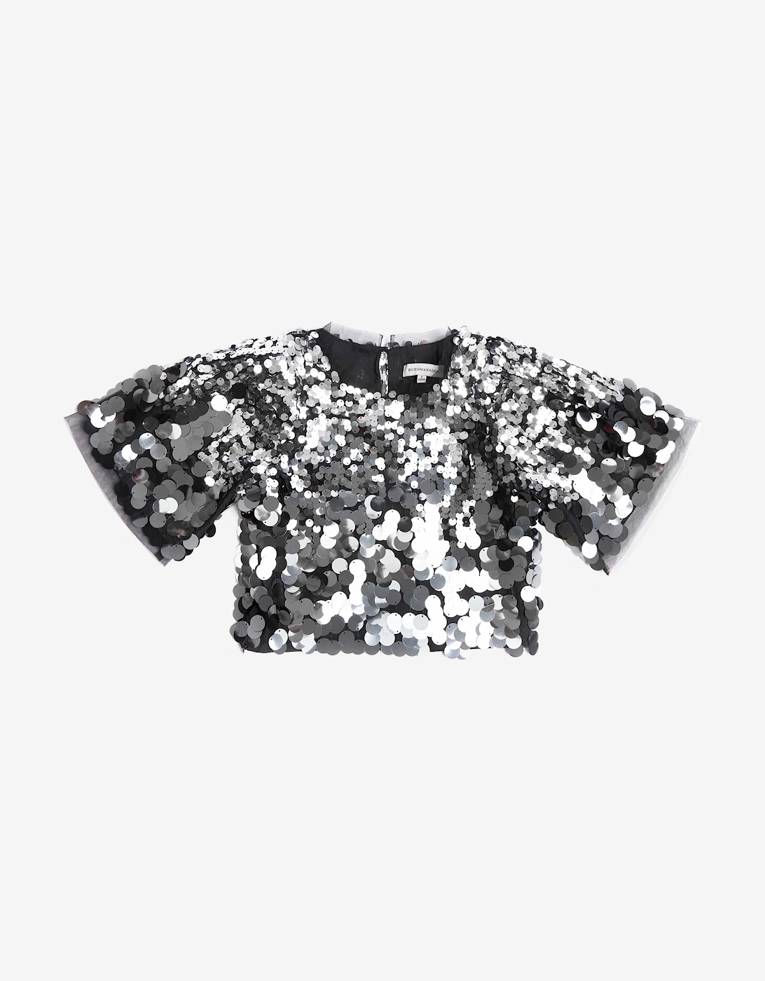 BCBGMAXAZRIA Girls Sequin Puff Sleeve Crop Top in Silver, 5 of 4