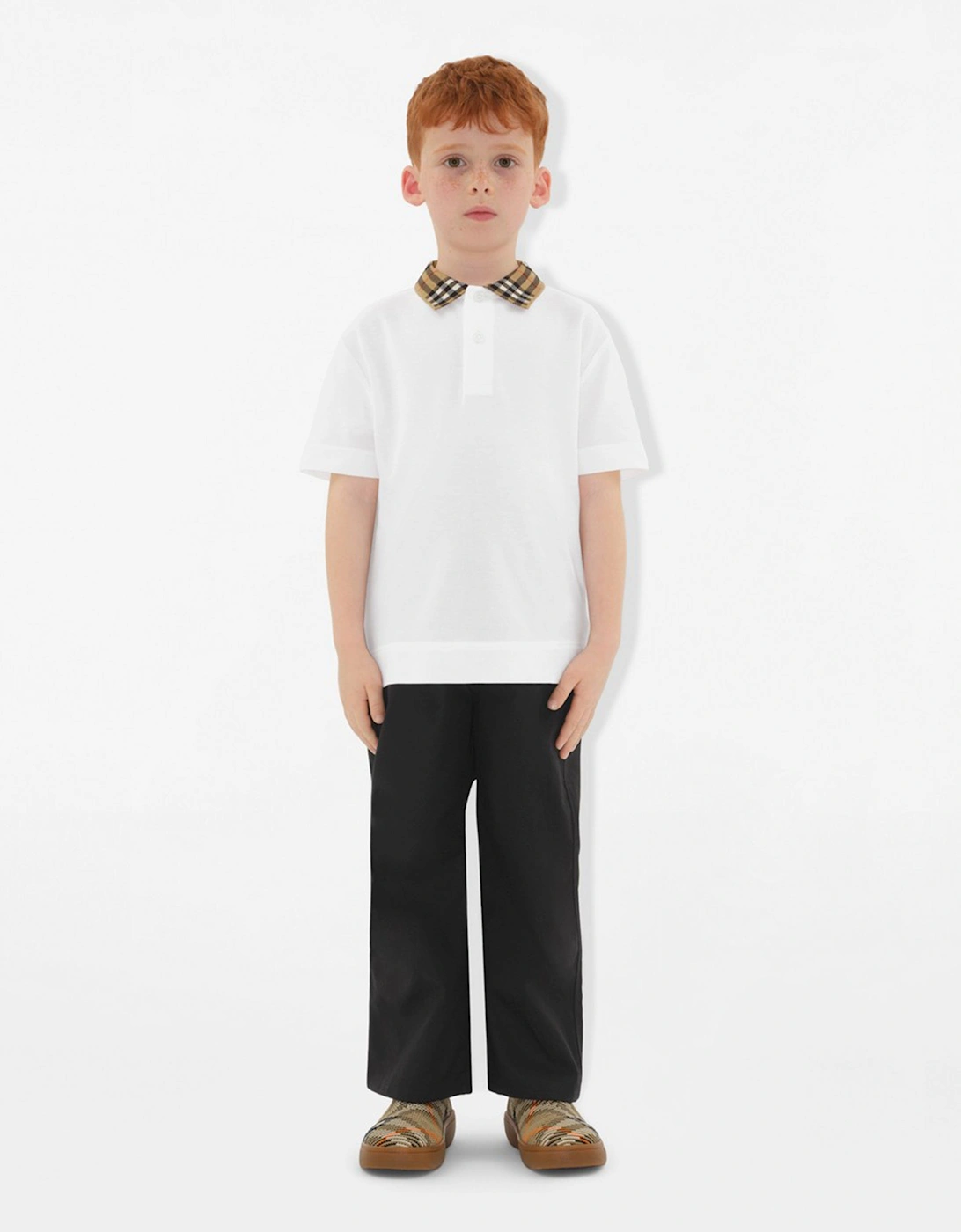 Boys Johane Check Collar Polo Shirt in White