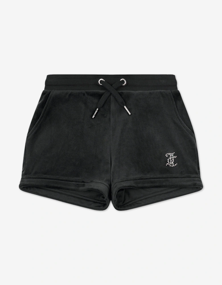 Girls Diamante Velour Fold Up Shorts in Black
