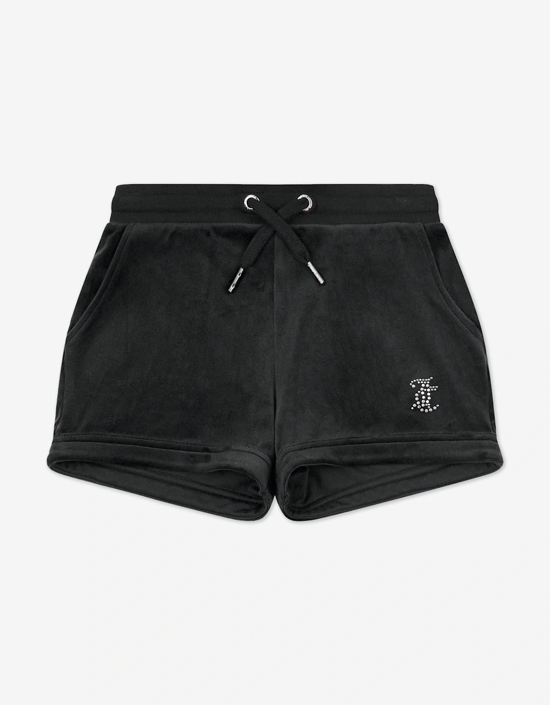 Girls Diamante Velour Fold Up Shorts in Black, 6 of 5