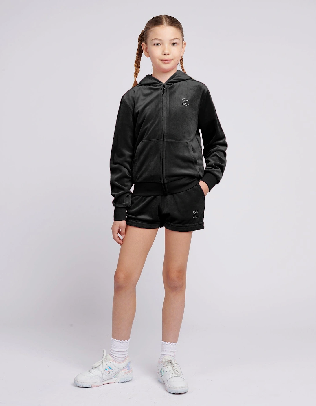 Girls Diamante Velour Fold Up Shorts in Black