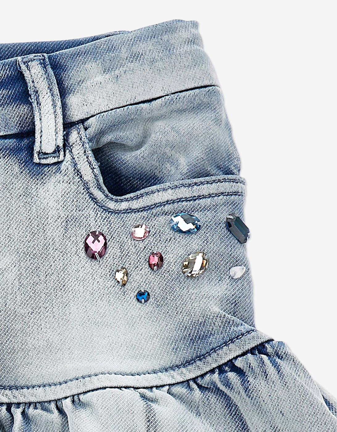 Girls Bleached Denim Stitch Skirt in Blue