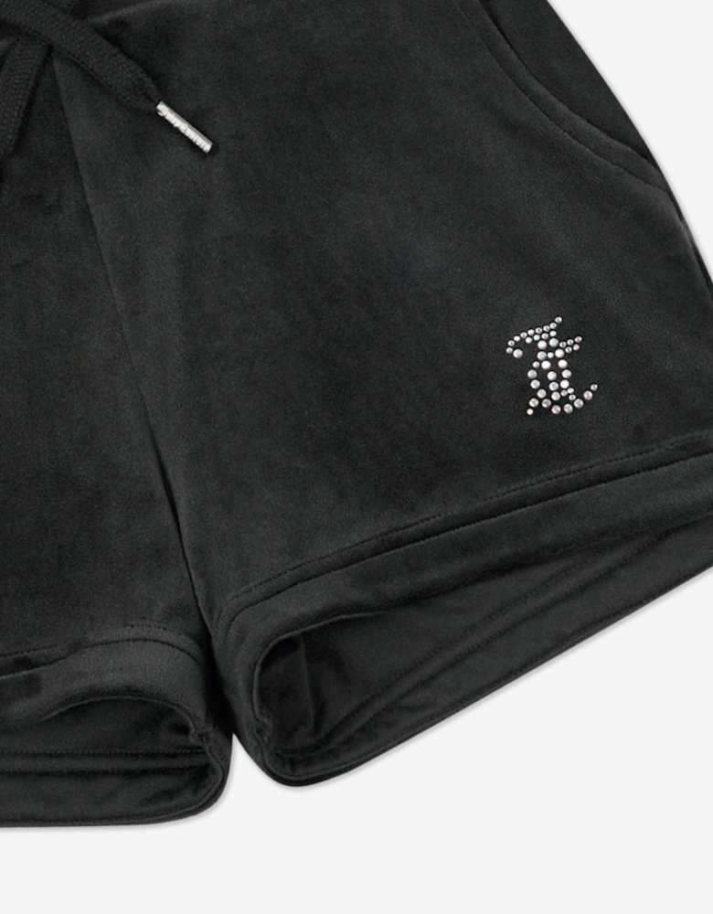 Girls Diamante Velour Fold Up Shorts in Black