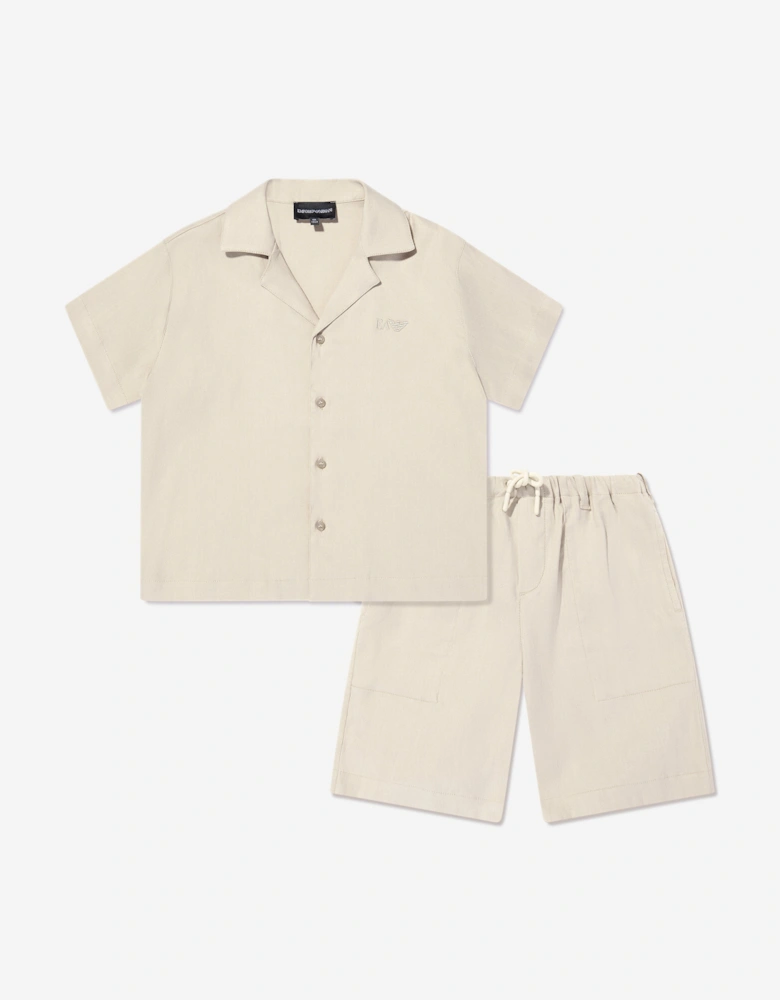 Boys Linen Shirt and Shorts Set in Beige