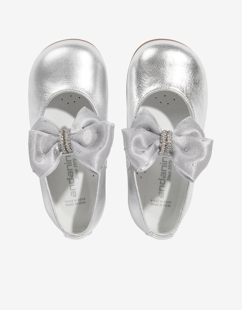 Girls Diamante Bow Shoes in Silver