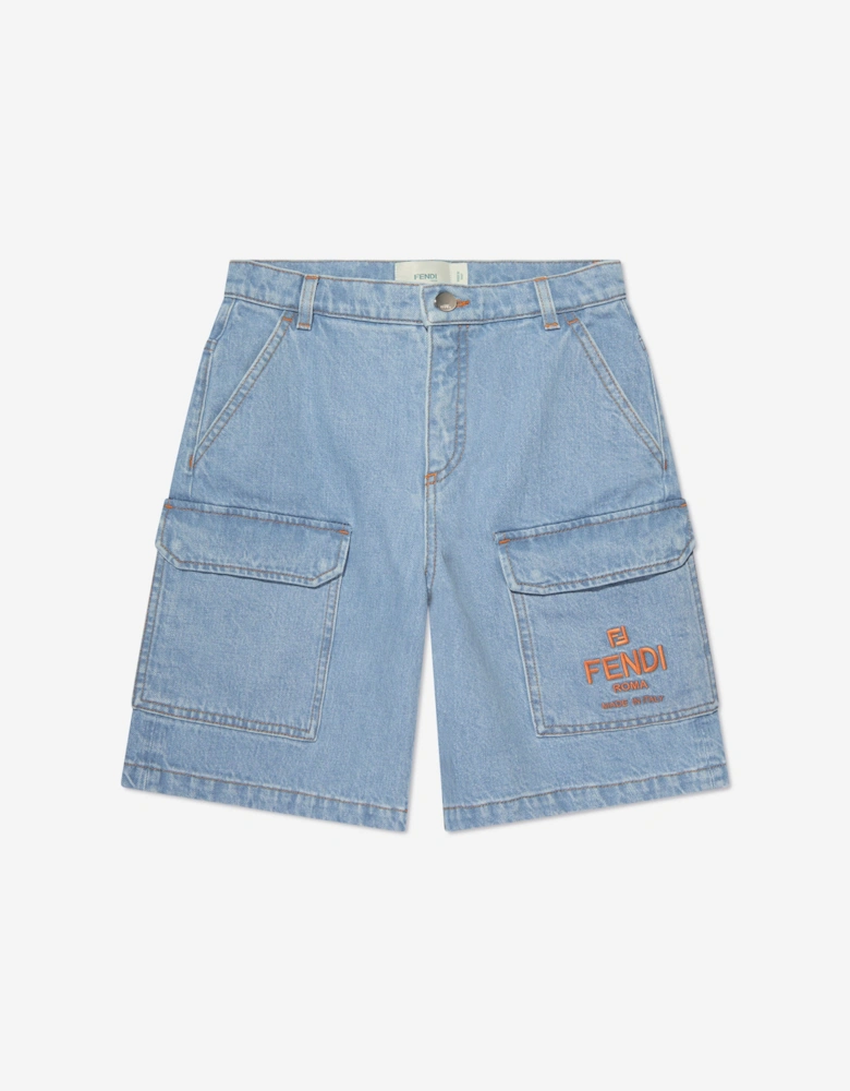 Boys Big Pocket Logo Denim Shorts in Blue