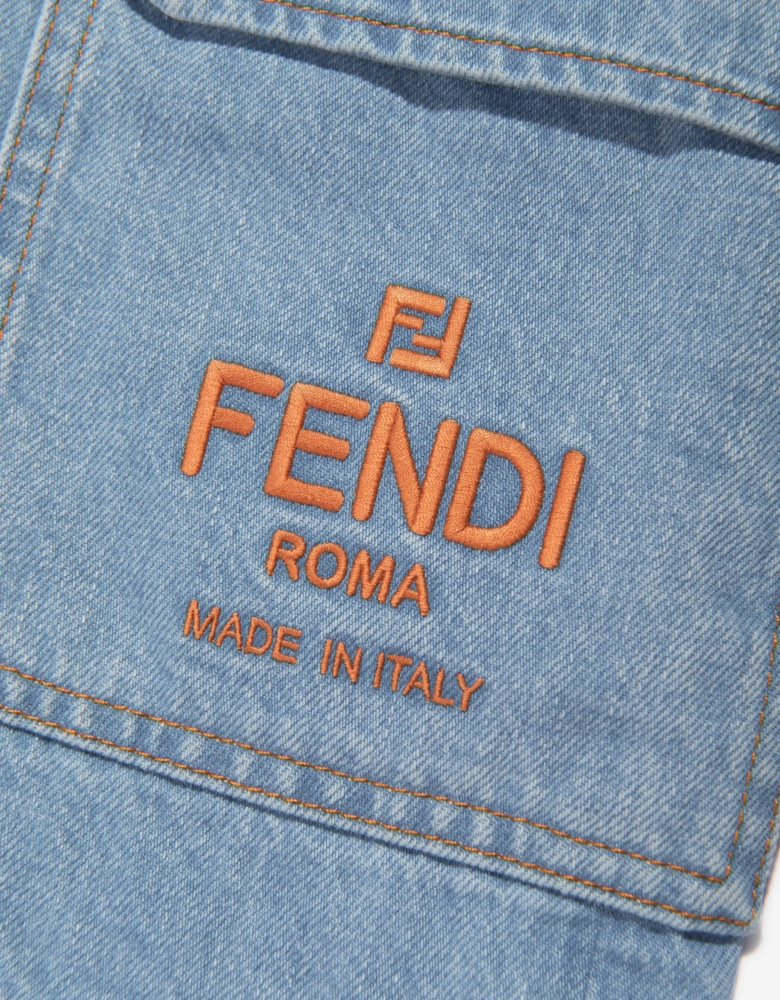 Boys Big Pocket Logo Denim Shorts in Blue