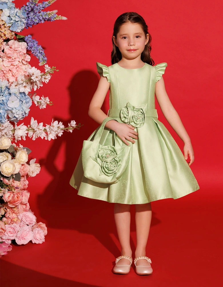 Girls Dress with Matching Floral Bag in Green