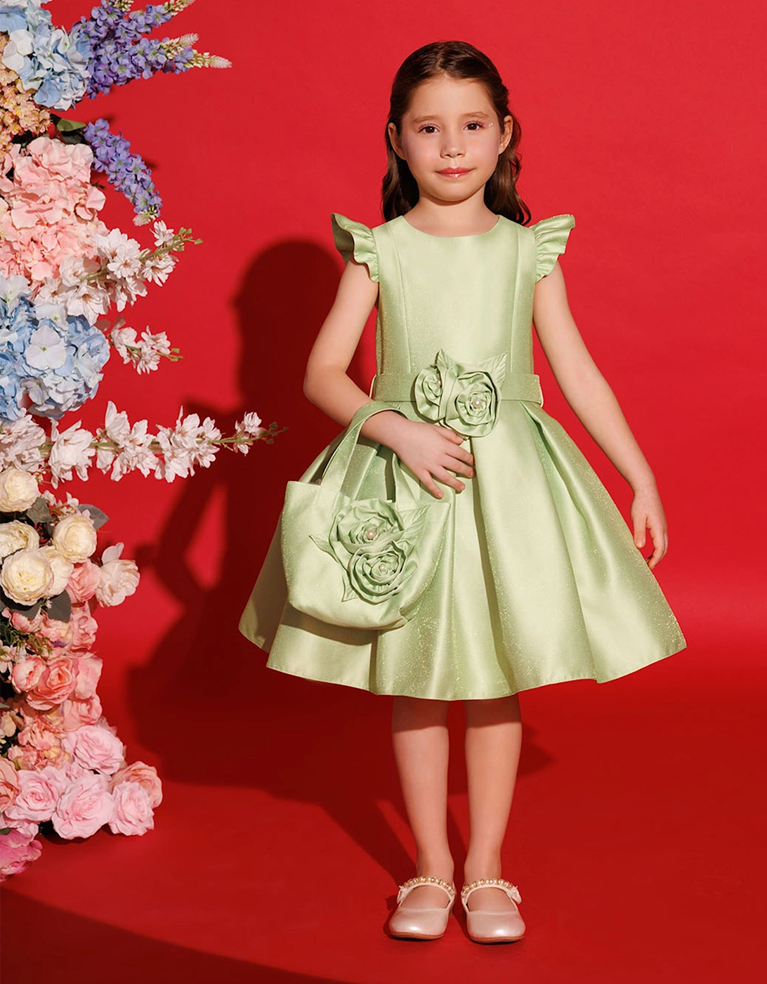 Girls Dress with Matching Floral Bag in Green