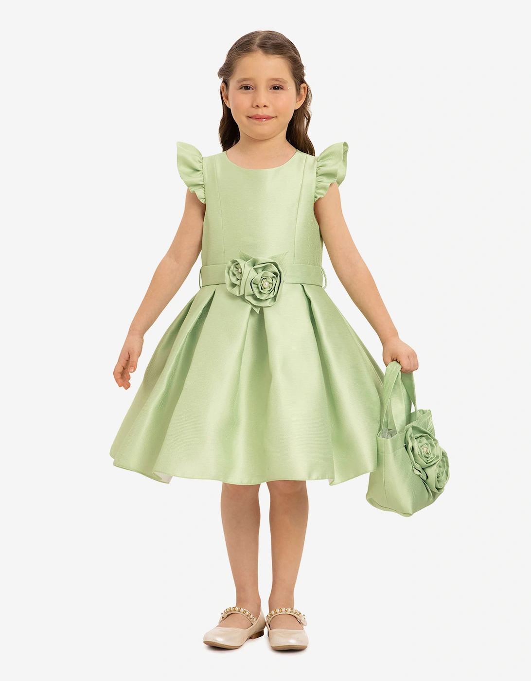 Girls Dress with Matching Floral Bag in Green, 7 of 6