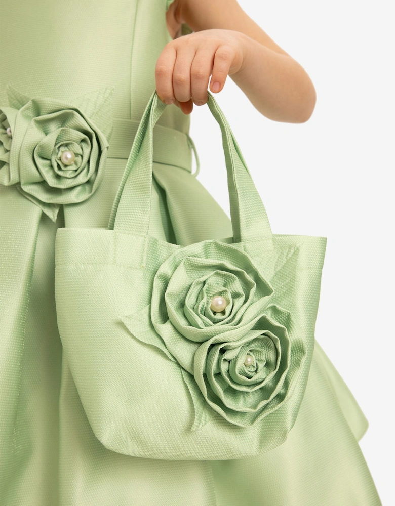 Girls Dress with Matching Floral Bag in Green