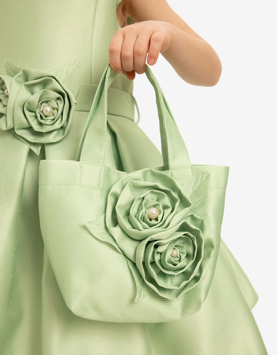 Girls Dress with Matching Floral Bag in Green