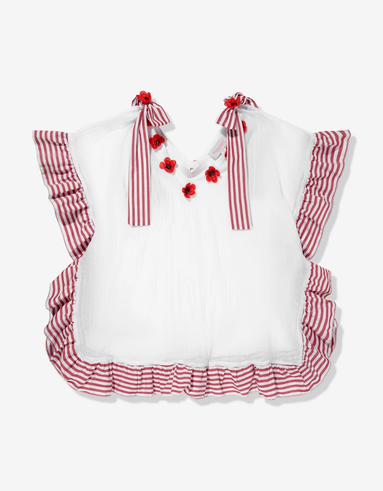 Girls Striped Ruffle Poppy Flower Kaftan in White