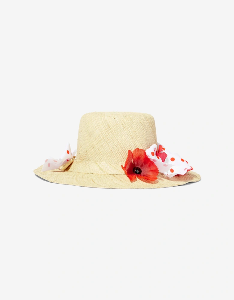 Girls Poppy Flowers Straw Hat in Beige