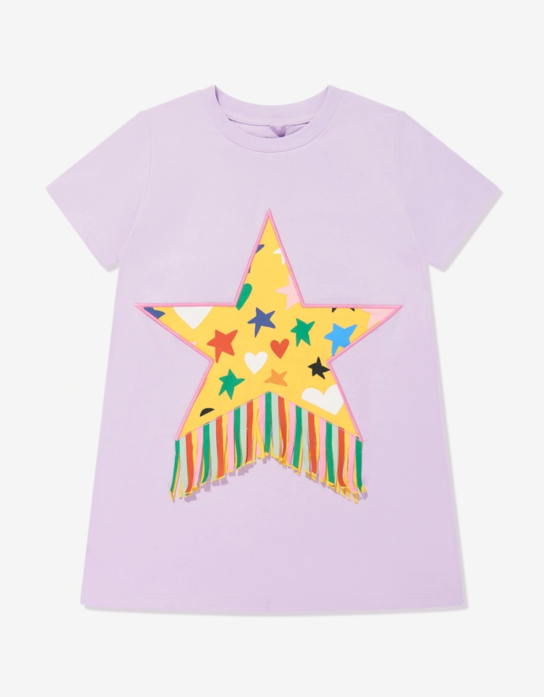 Girls Fringed Star Jersey Dress in Purple
