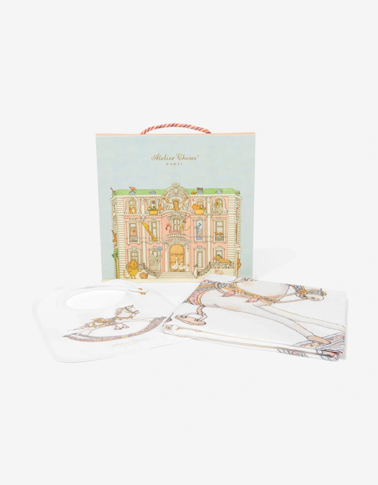 Baby Rocking Horse Swaddle And Satin Bib Gift Set in White