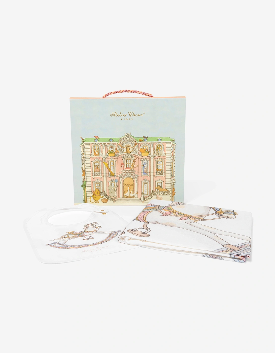 Baby Rocking Horse Swaddle And Satin Bib Gift Set in White