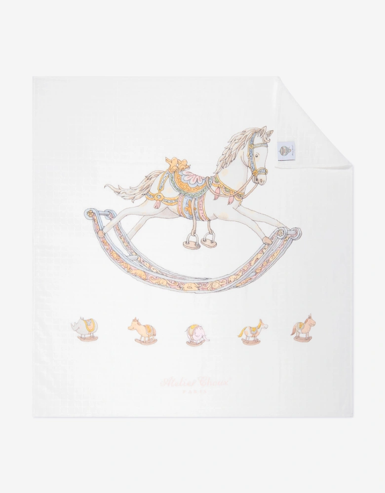 Baby Rocking Horse Swaddle And Satin Bib Gift Set in White