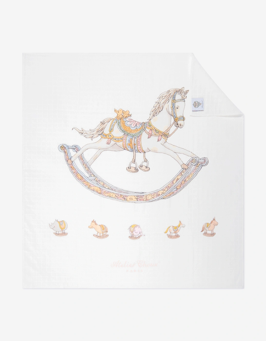 Baby Rocking Horse Swaddle And Satin Bib Gift Set in White