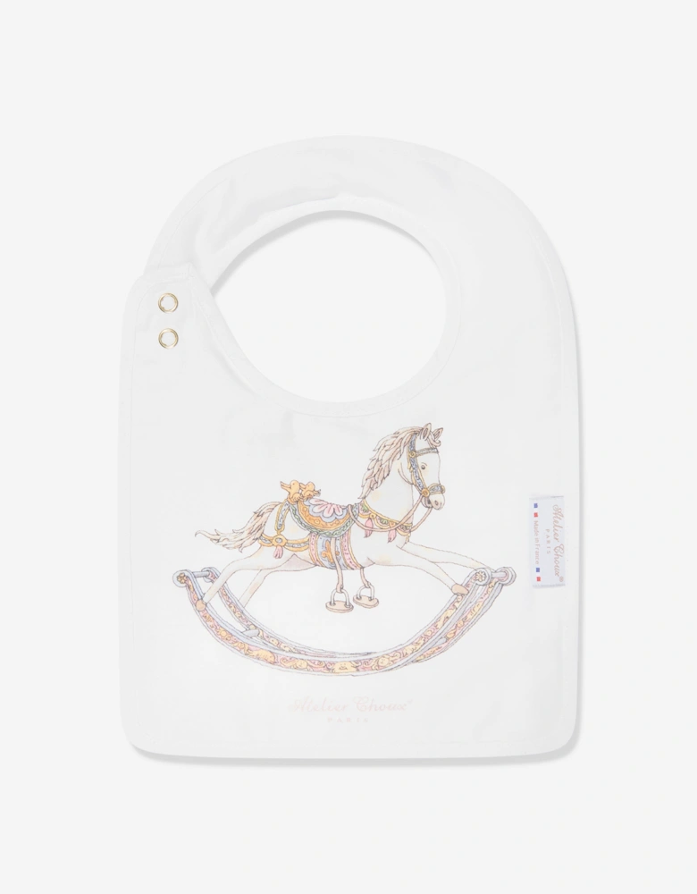 Baby Rocking Horse Swaddle And Satin Bib Gift Set in White