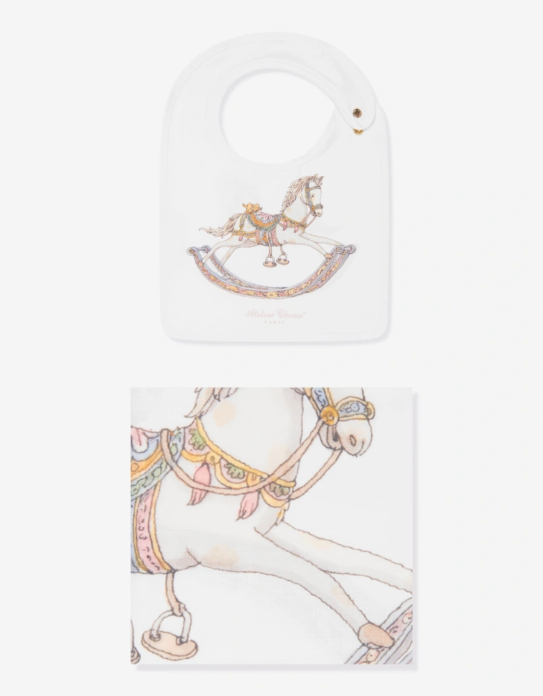 Baby Rocking Horse Swaddle And Satin Bib Gift Set in White